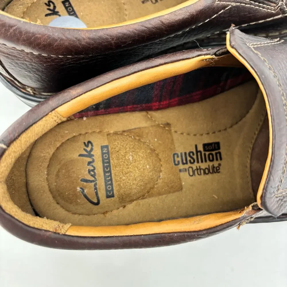 Clarks Mens Size 7 Brown Loafers Slip On Leather Ortholite Casual